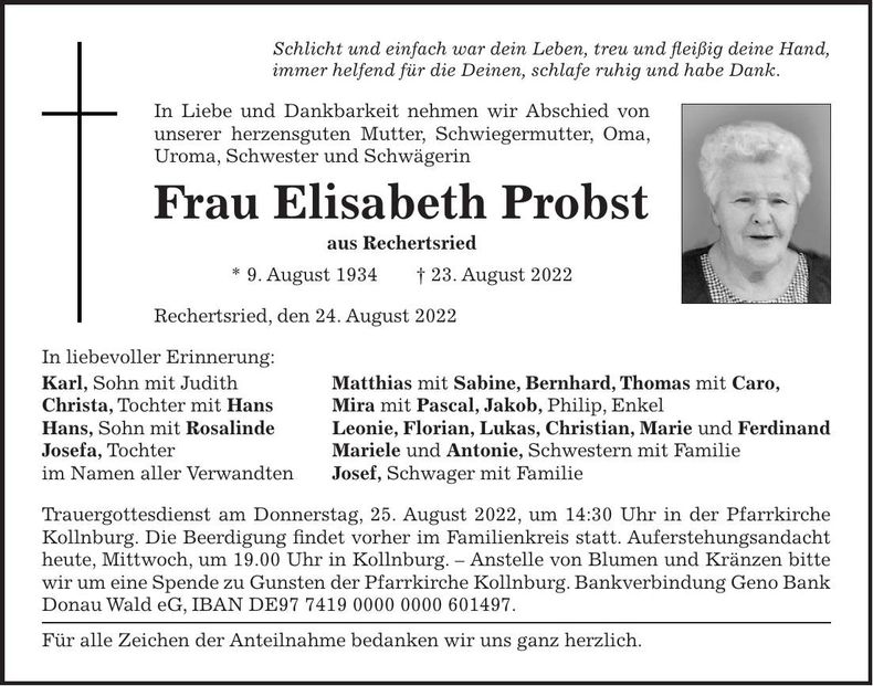 Traueranzeige Elisabeth Probst