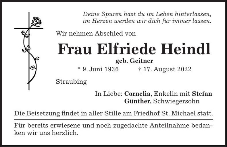 Traueranzeige Elfriede Heindl