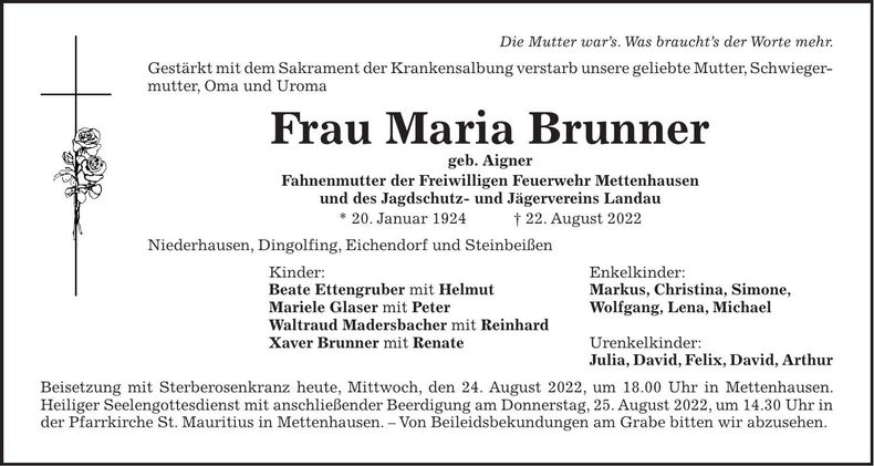 Traueranzeige Maria Brunner