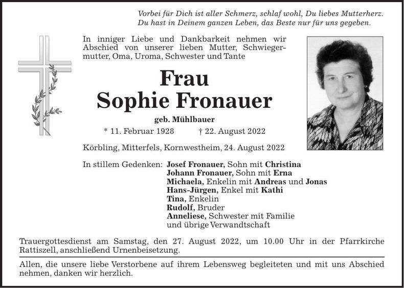 Traueranzeige Sophie Fronauer