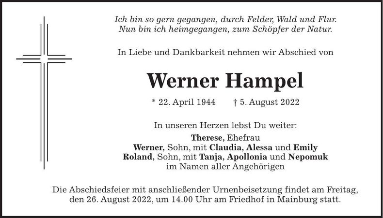 Traueranzeige Werner Hampel