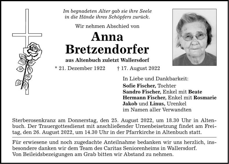 Traueranzeige Anna Bretzendorfer