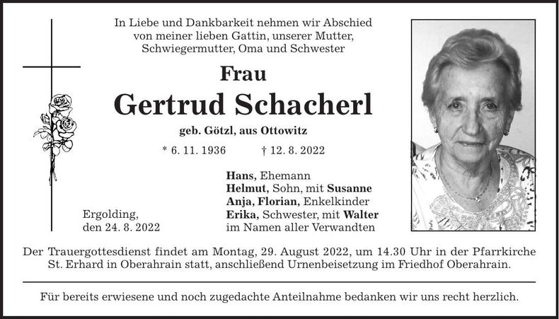 Traueranzeige Gertraud Schacherl