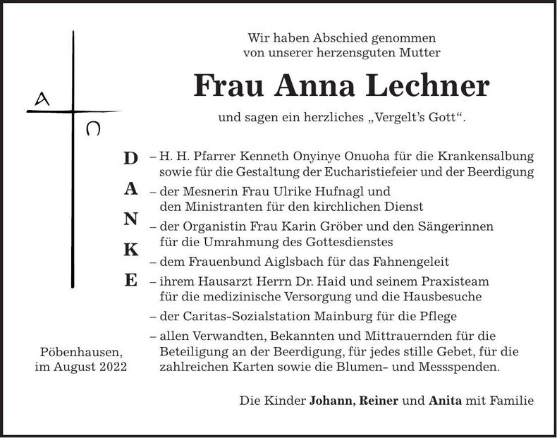 Traueranzeige Anna Lechner
