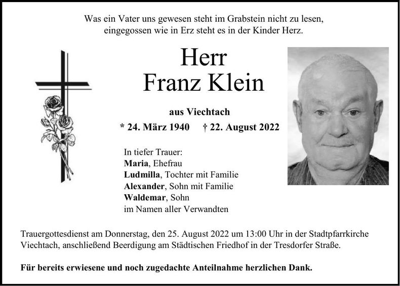 Traueranzeige Franz Klein