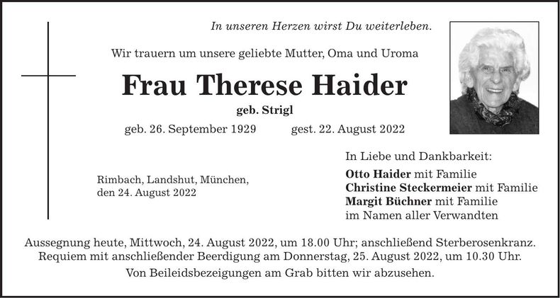 Traueranzeige Therese Haider