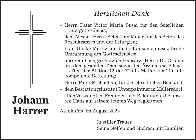 Traueranzeige Johann Harrer