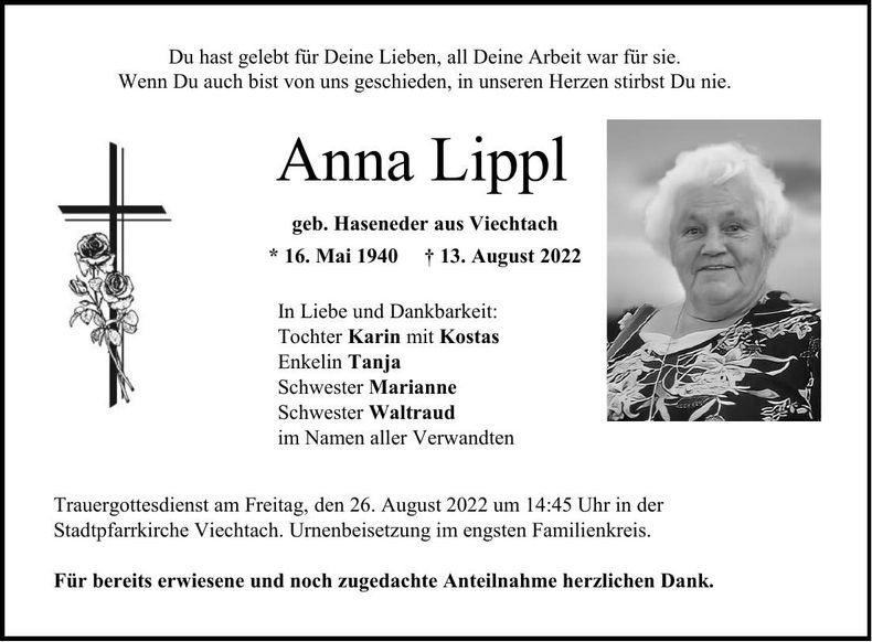 Traueranzeige Anna Lippl