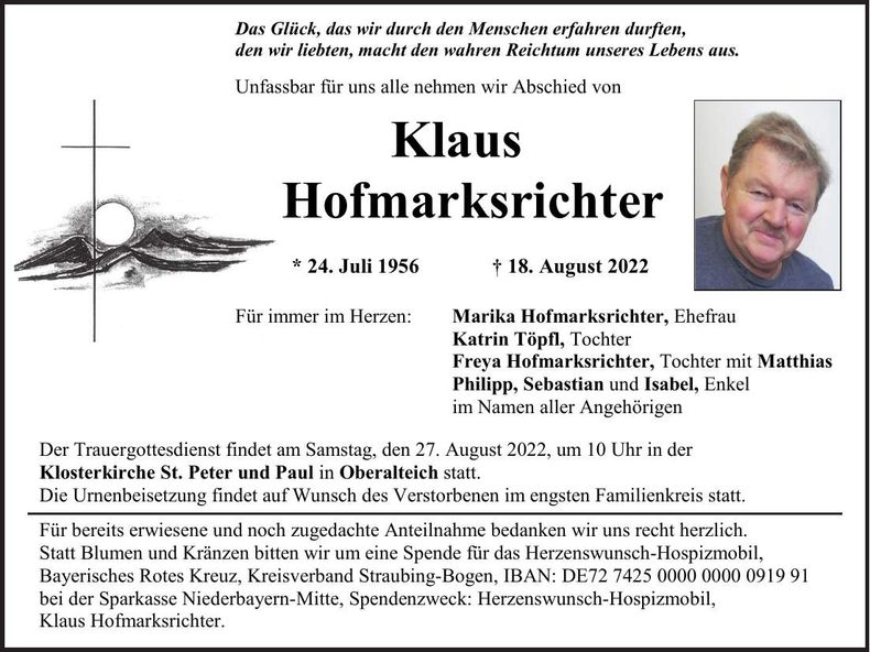 Traueranzeige Klaus Hofmarksrichter