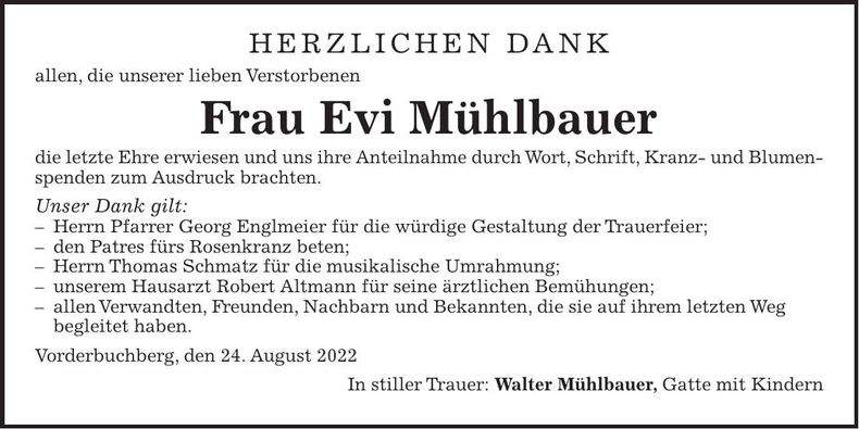 Traueranzeige Eva Mühlbauer