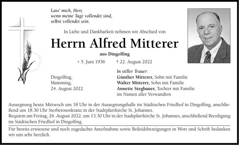 Traueranzeige Alfred Mitterer