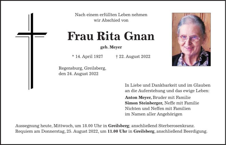 Traueranzeige Rita Gnan