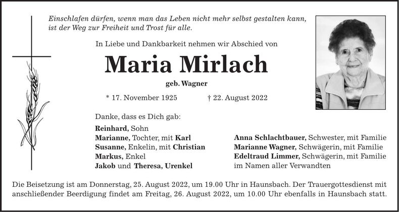 Traueranzeige Maria Mirlach