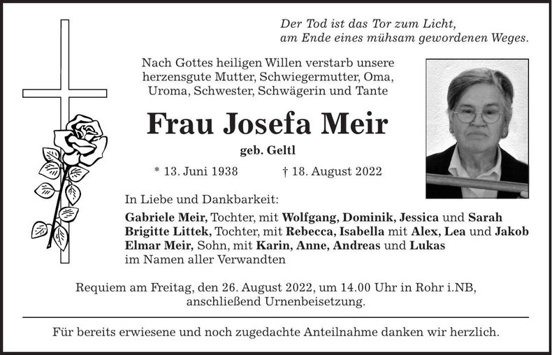 Traueranzeige Josefa Meir
