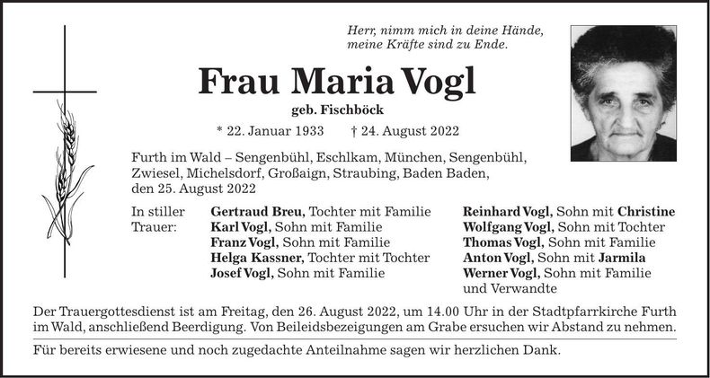 Traueranzeige Maria Vogl