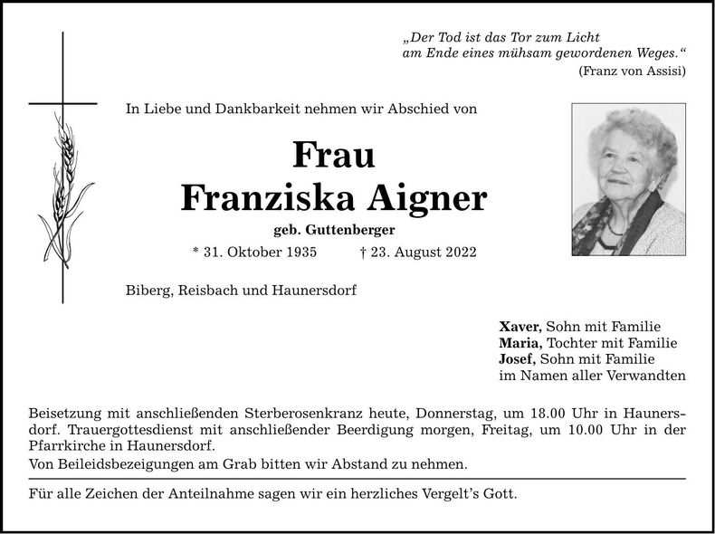 Traueranzeige Franziska Aigner