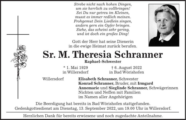 Traueranzeige Sr. M. Theresia Schranner