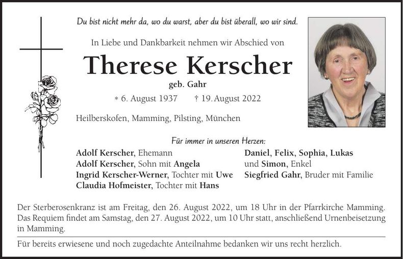Traueranzeige Therese Kerscher