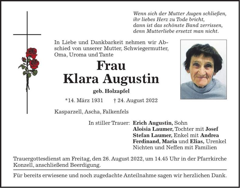 Traueranzeige Klara Augustin