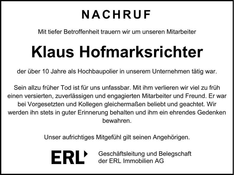 Traueranzeige Klaus Hofmarksrichter