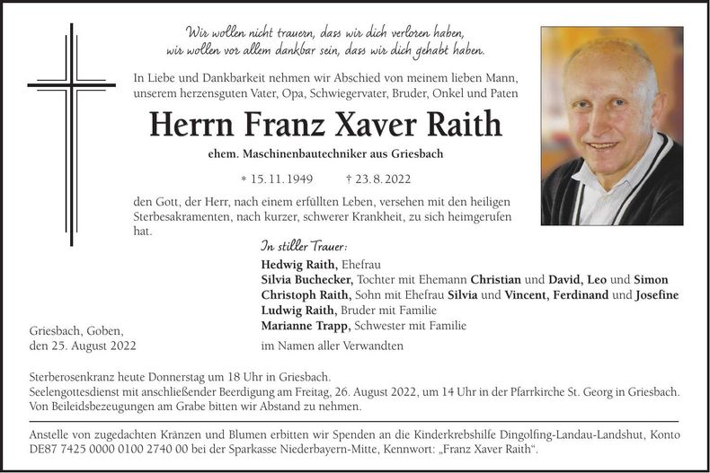 Traueranzeige Franz Xaver Raith