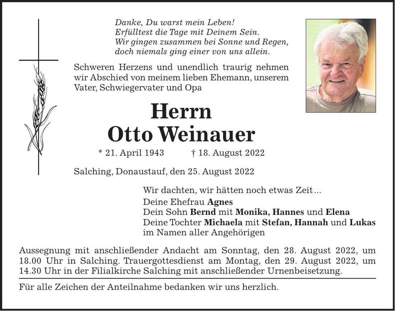 Traueranzeige Otto Weinauer