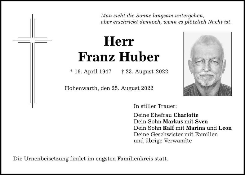 Traueranzeige Franz Huber