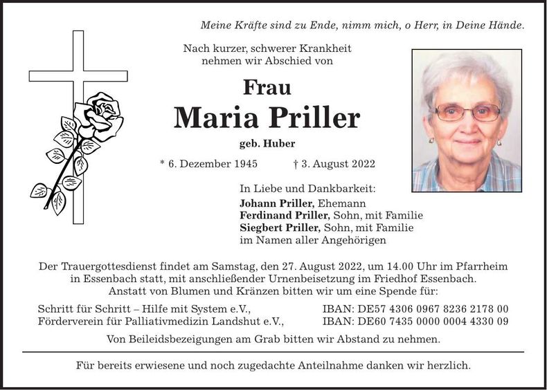 Traueranzeige Maria Priller