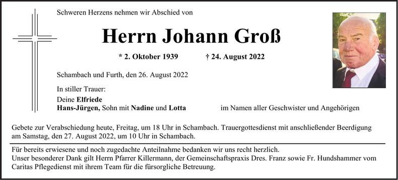 Traueranzeige Johann Groß
