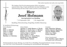 Traueranzeige Josef Hofmann