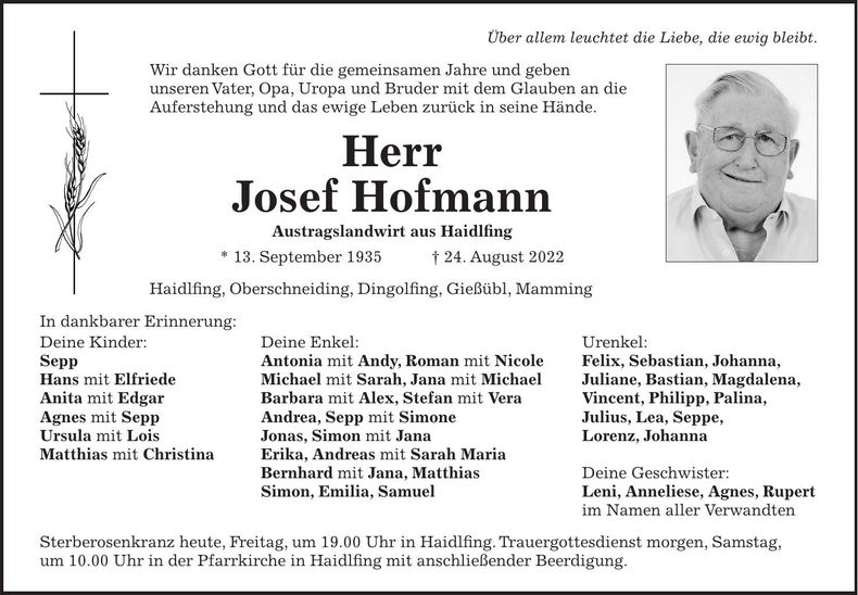 Traueranzeige Josef Hofmann