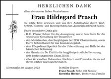 Traueranzeige Hildegard Prasch