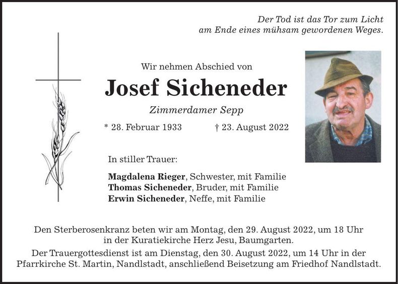 Traueranzeige Josef Sicheneder