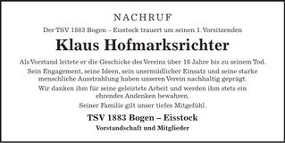 Traueranzeige Klaus Hofmarksrichter