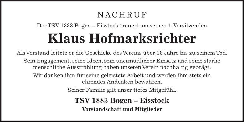 Traueranzeige Klaus Hofmarksrichter
