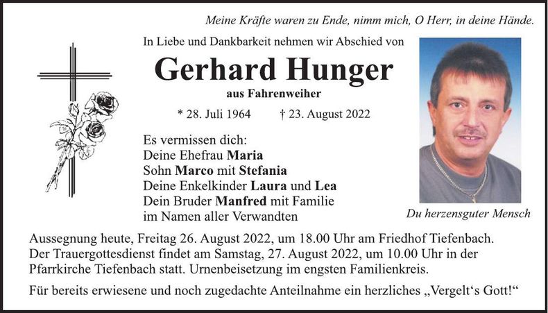 Traueranzeige Gerhard Hunger