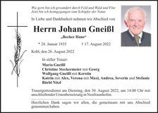 Traueranzeige Johann Gneißl