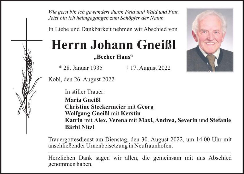 Traueranzeige Johann Gneißl