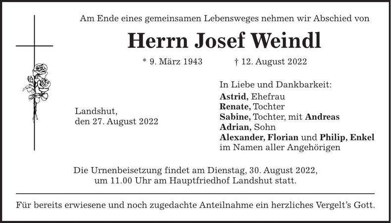 Traueranzeige Josef Weindl