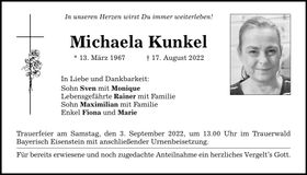 Traueranzeige Michaela Kunkel