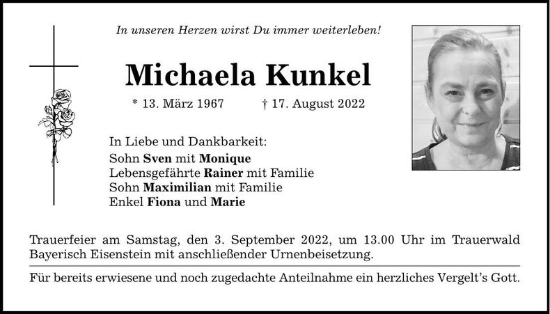 Traueranzeige Michaela Kunkel