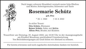Traueranzeige Rosemarie Schütz