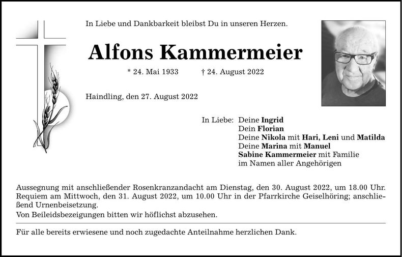 Traueranzeige Alfons Kammermeier