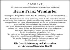 Traueranzeige Franz Weinfurter