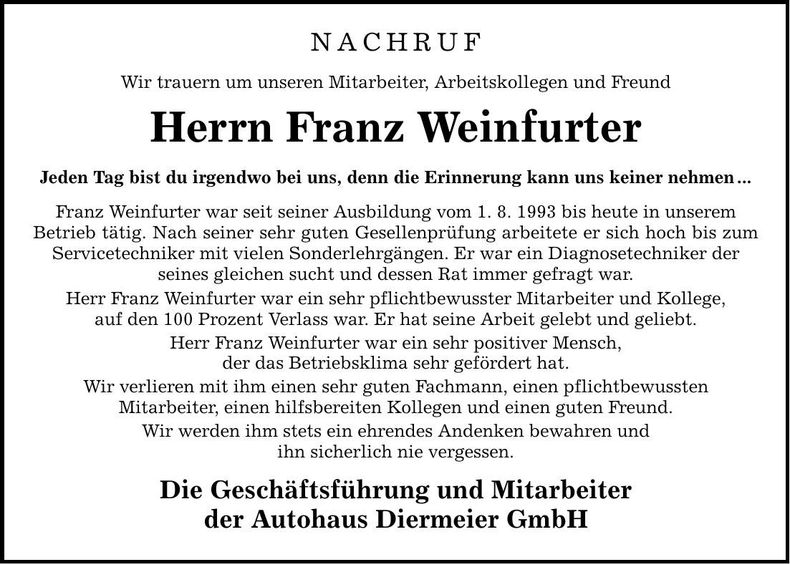 Traueranzeige Franz Weinfurter