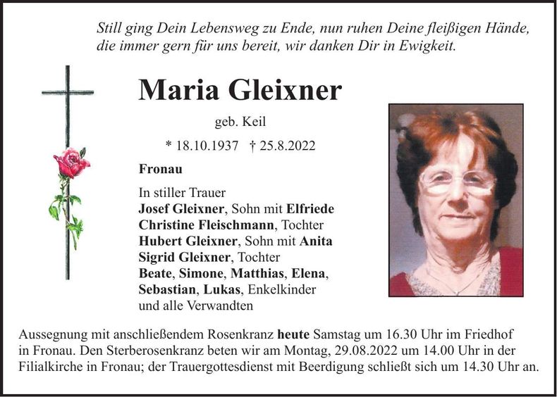 Traueranzeige Maria Gleixner