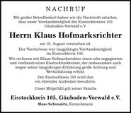 Traueranzeige Klaus Hofmarksrichter