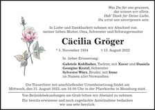 Traueranzeige Cäcilia Gröger