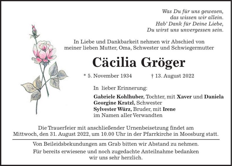 Traueranzeige Cäcilia Gröger