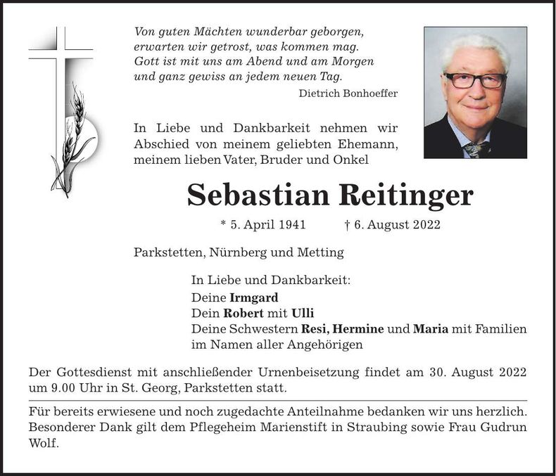 Traueranzeige Sebastian Reitinger